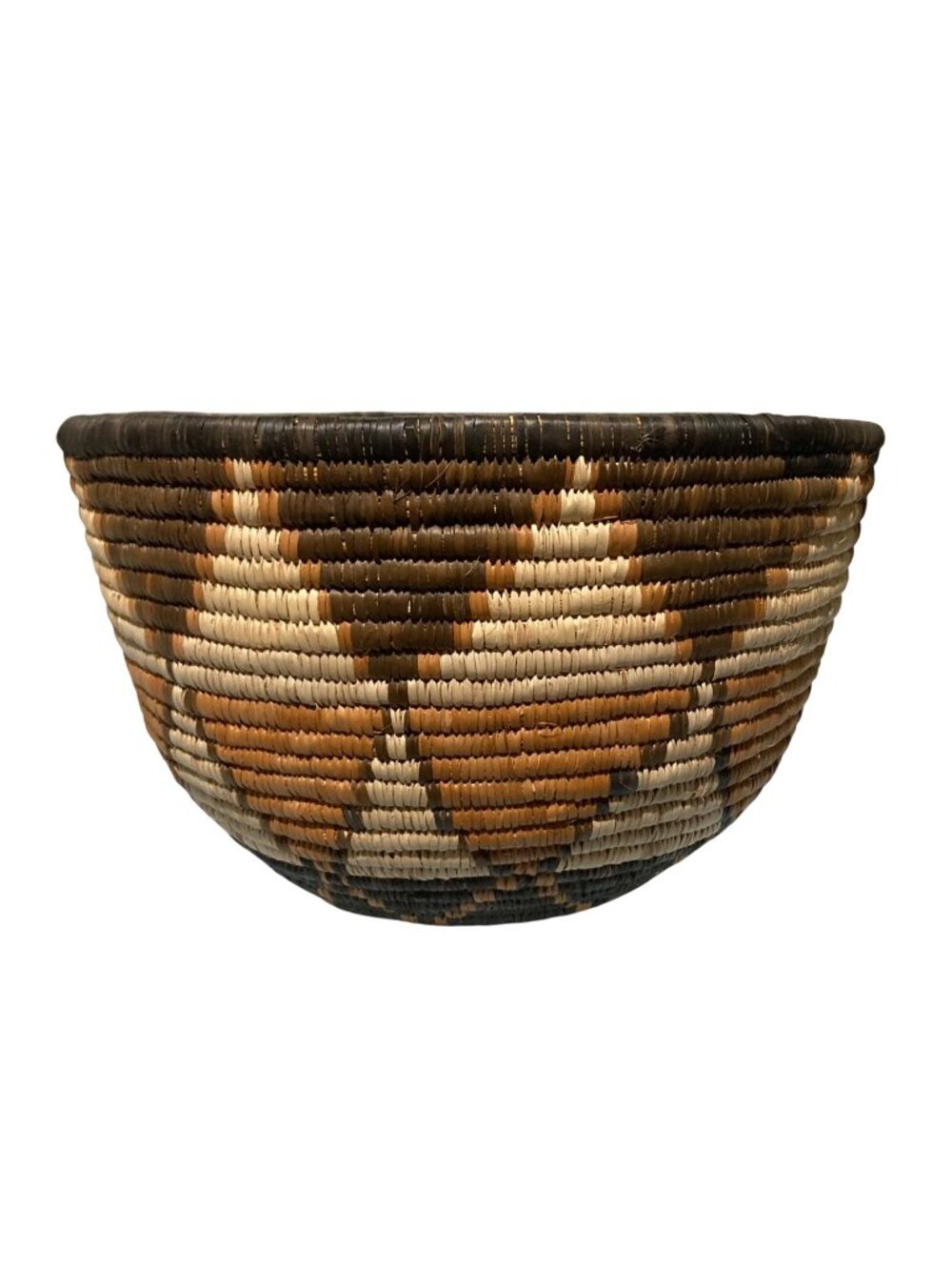 Vintage Handwoven Basket With Geometric Design In Earth Tone Colors